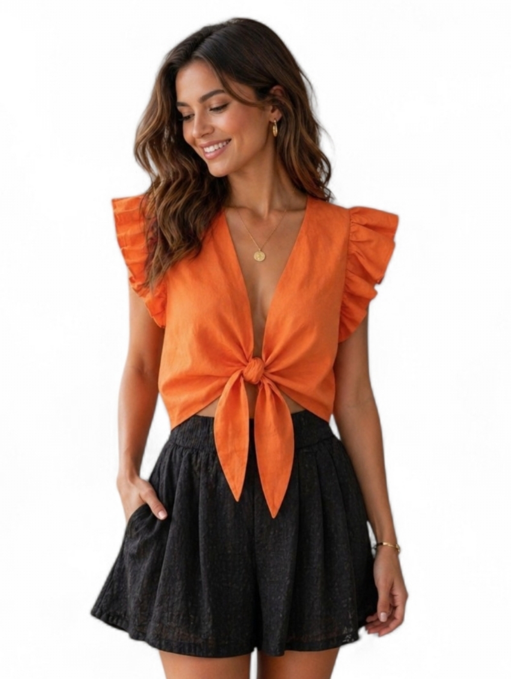 Abercrombie Orange Linen Tie Front Top Ruffle Sleeve Crop Euro Summer. XS - Picture 2 of 16